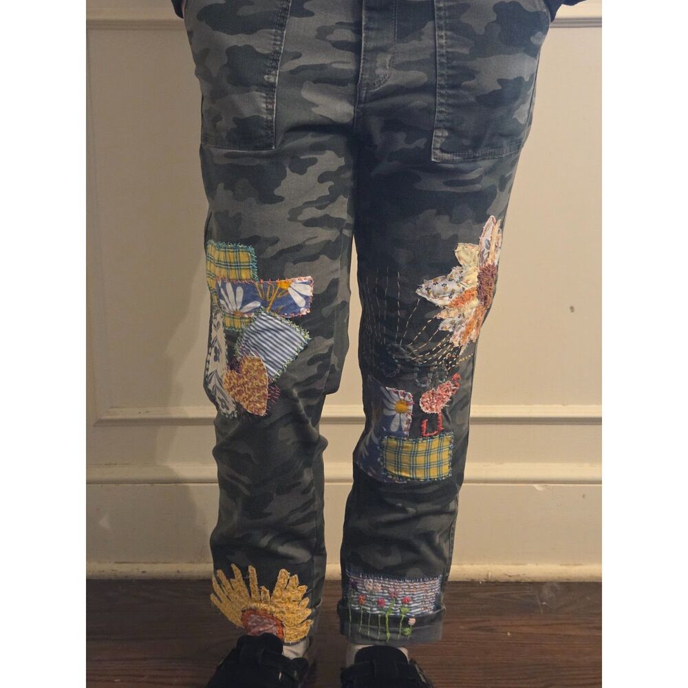 Upcycled, Hand Stitched, "Jesus Loves U" camo pants Size 4/27